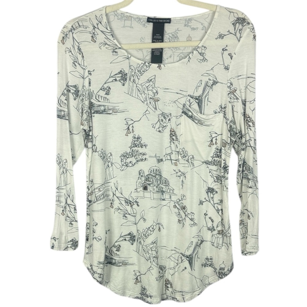 Chelsea & Theodore White Back Toile Graphic Everyday Wear Long Sleeve Medium Top